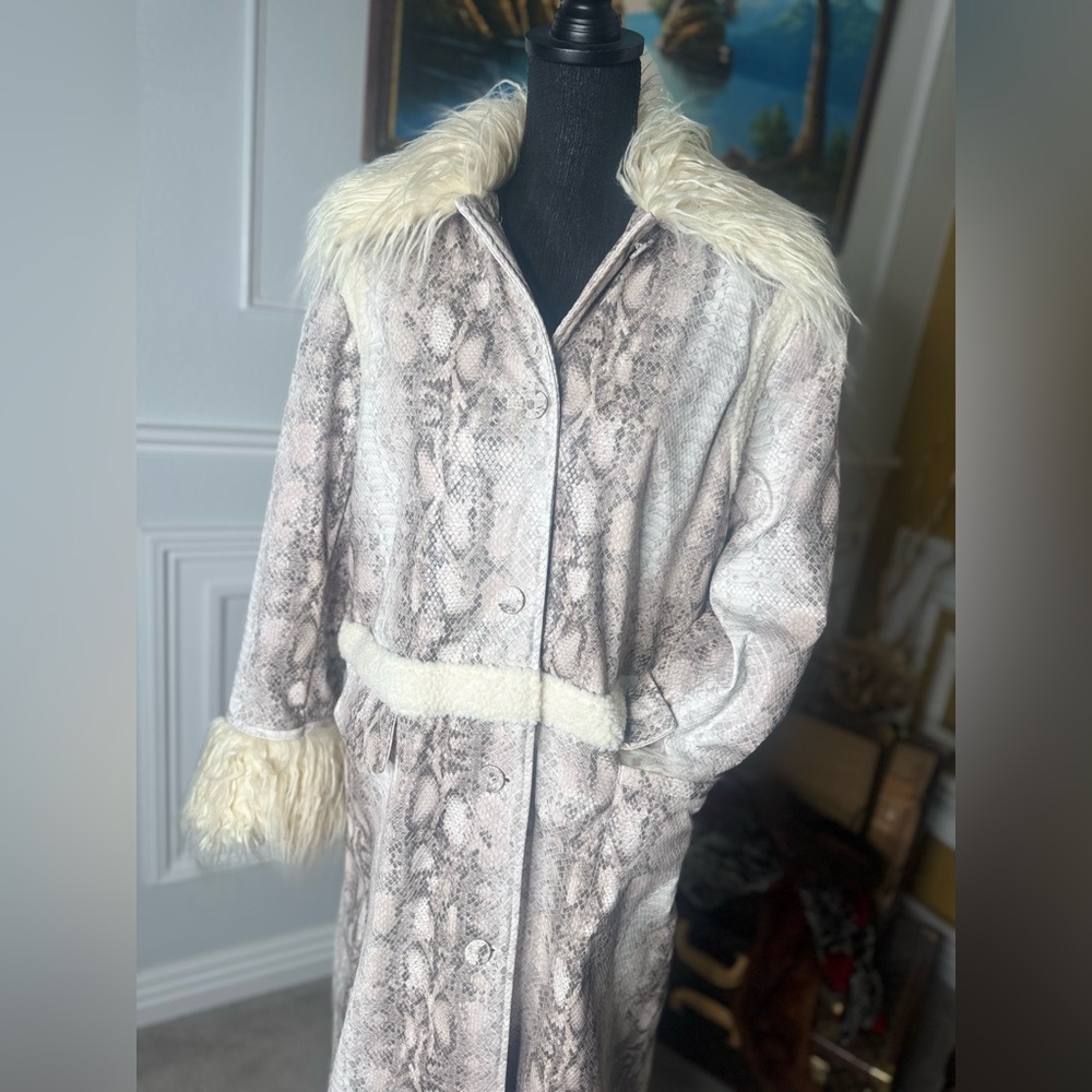 Nasty Gal Womens Snake Print Shearling Trim Longline Aviator Coat - Picture 7 of 12